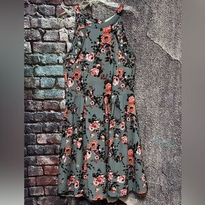 Rewind Floral Skater Dress Medium Sleeveless Pleated Gray/Pink Color Like New